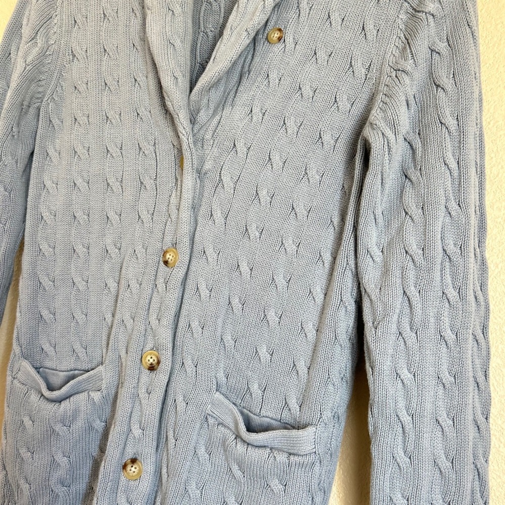 LRL Ralph Lauren Size S Blue Cable Knit Shawl Collar Cotton Cardigan Fisherman - Picture 8 of 9